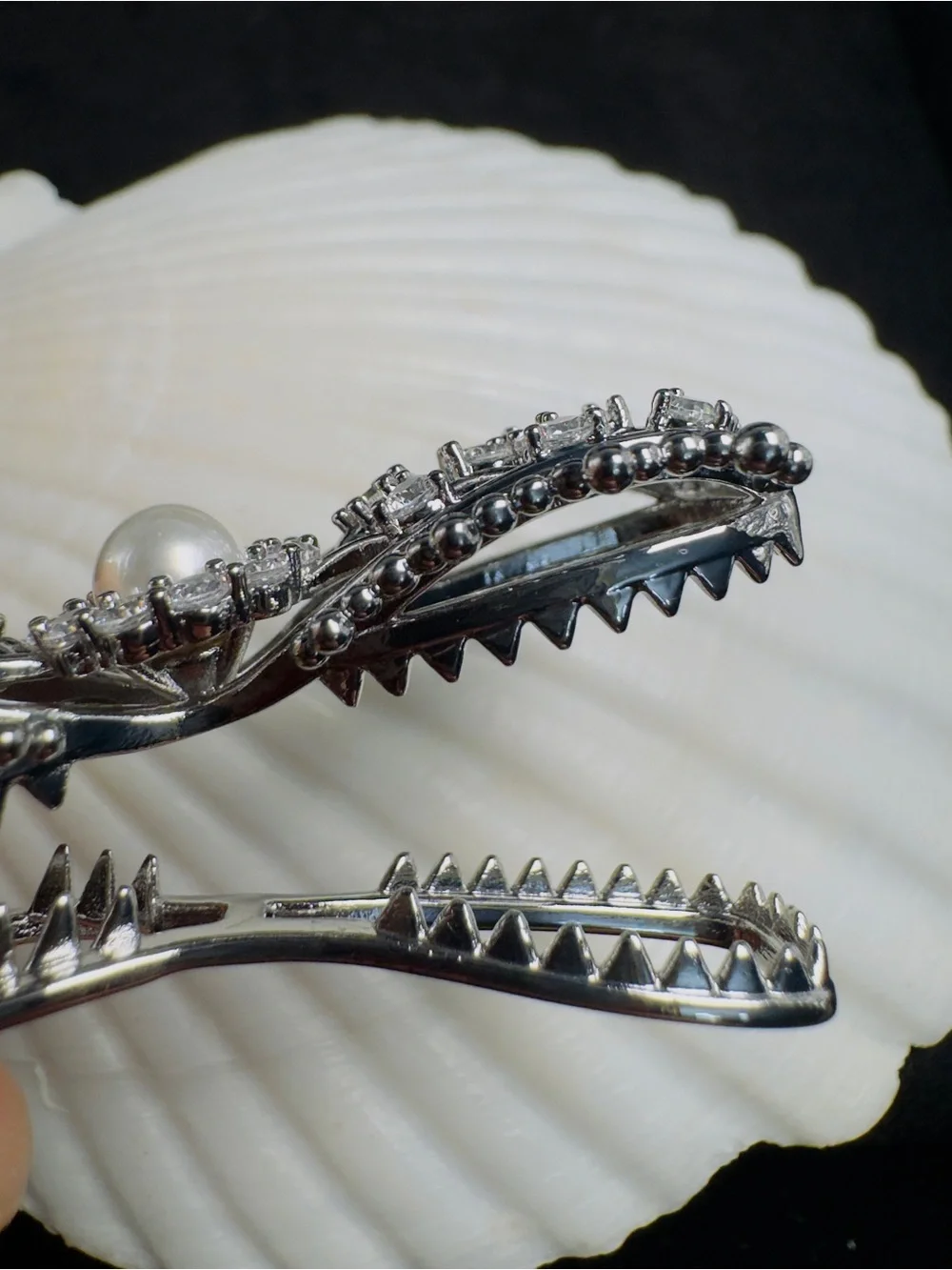 Silver Pearl & Crystal Bow Hair Clip- Women's Jewelry